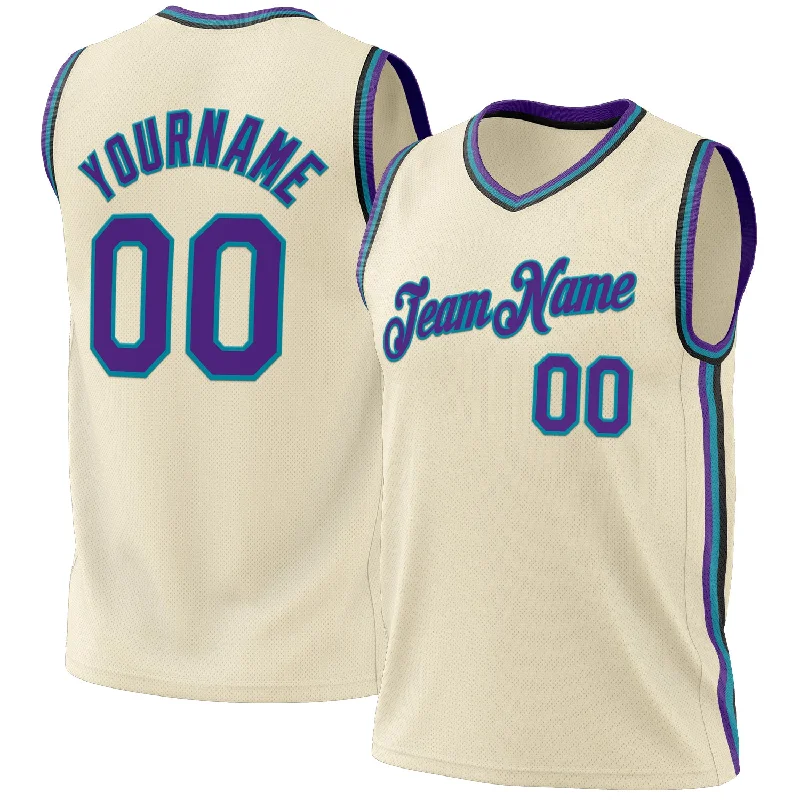 Basketball Jersey For Night Games-Custom Cream Purple Teal-Black Authentic Throwback Basketball Jersey