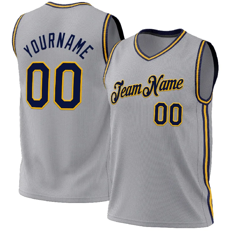 Basketball Jersey For Game Day-Custom Gray Navy-Gold Authentic Throwback Basketball Jersey