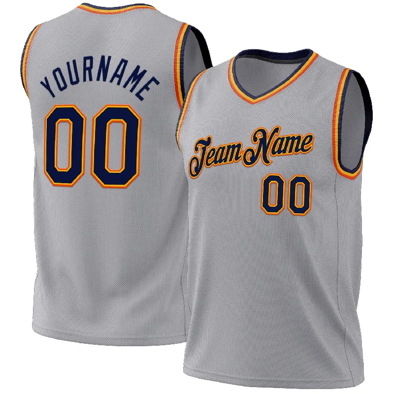 Basketball Jersey With Moisture-Wicking-Custom Gray Navy Gold-Orange Authentic Throwback Basketball Jersey