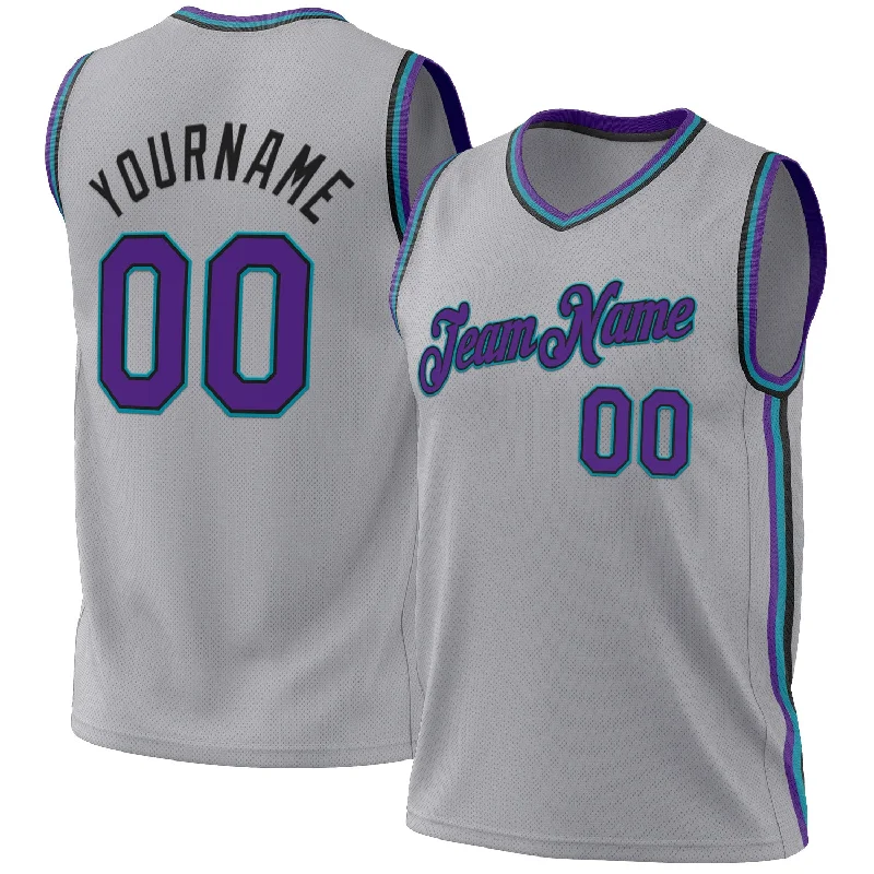 Basketball Jersey With Synthetic Blend-Custom Gray Purple Black-Teal Authentic Throwback Basketball Jersey