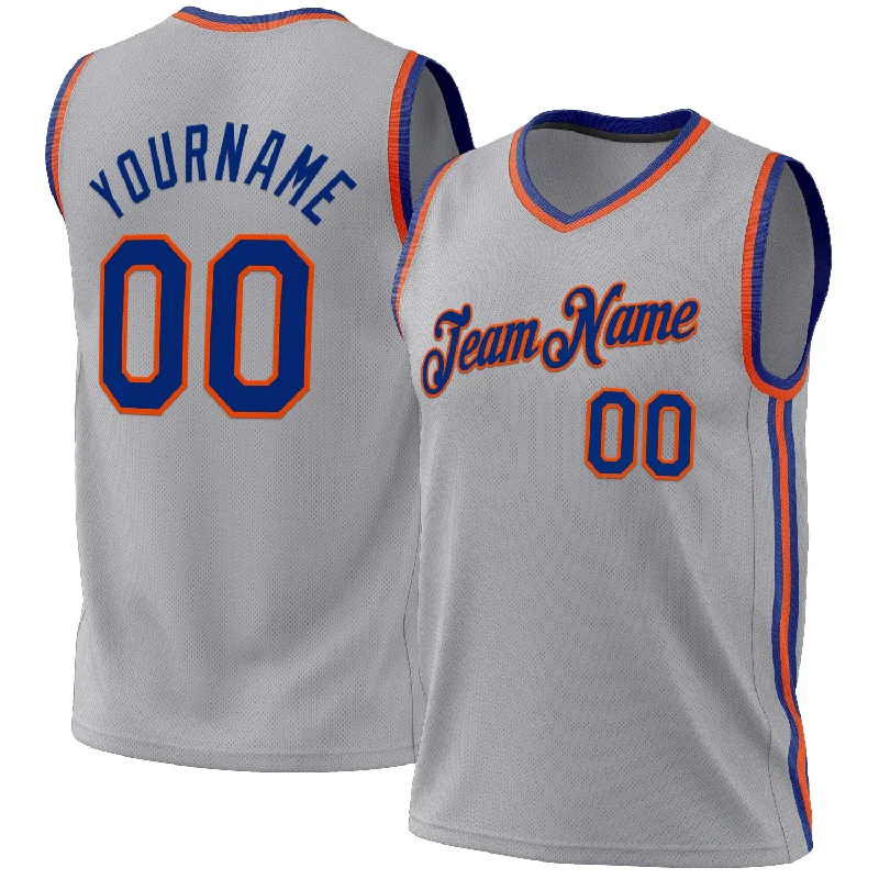 Basketball Jersey With Bold Stripes-Custom Gray Royal-Orange Authentic Throwback Basketball Jersey