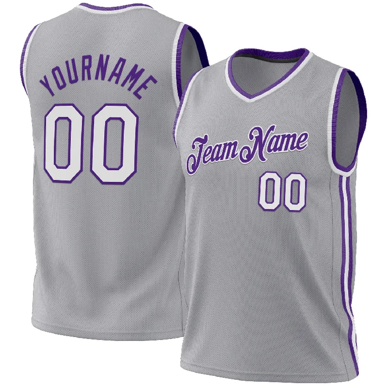 Basketball Jersey In Blue-Custom Gray White-Purple Authentic Throwback Basketball Jersey