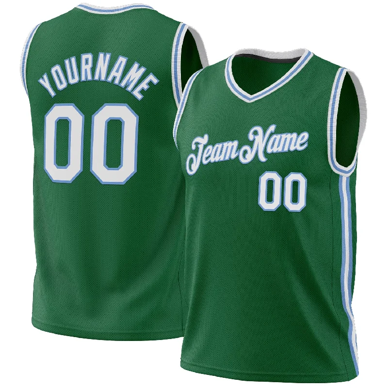 Basketball Jersey With Championship Patches-Custom Kelly Green White-Light Blue Authentic Throwback Basketball Jersey