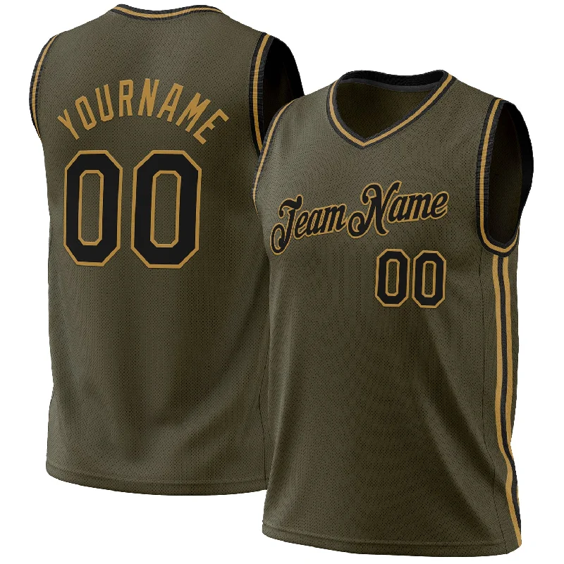 Basketball Jersey For Summer Leagues-Custom Olive Black-Old Gold Authentic Throwback Salute To Service Basketball Jersey