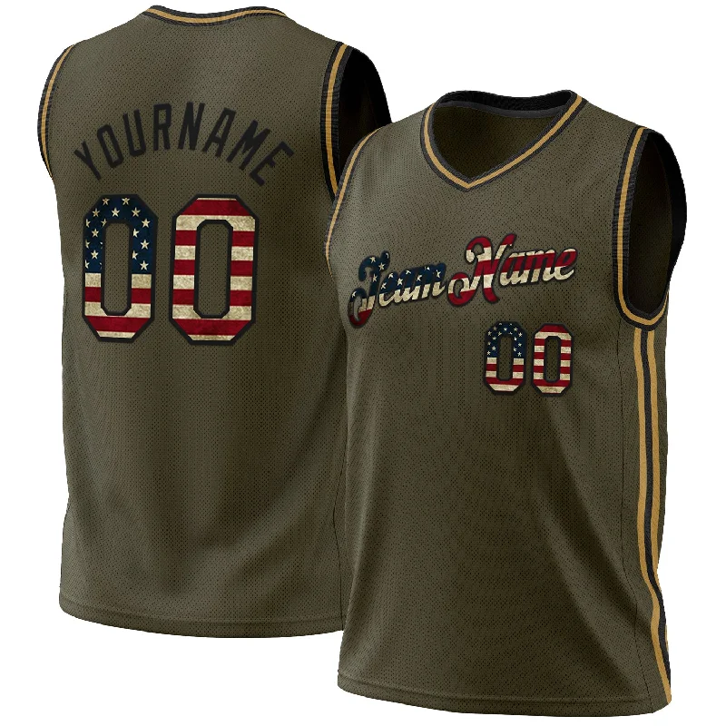 Basketball Jersey For Finals Supporters-Custom Olive Vintage USA Flag Black-Old Gold Authentic Throwback Salute To Service Basketball Jersey