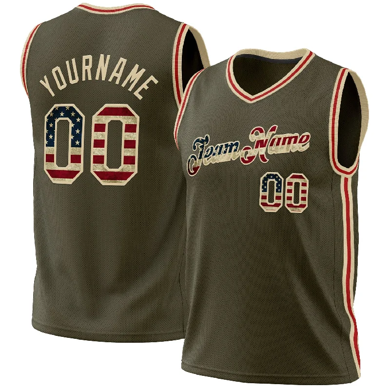 Basketball Jersey With Subtle Prints-Custom Olive Vintage USA Flag Cream-Red Authentic Throwback Salute To Service Basketball Jersey