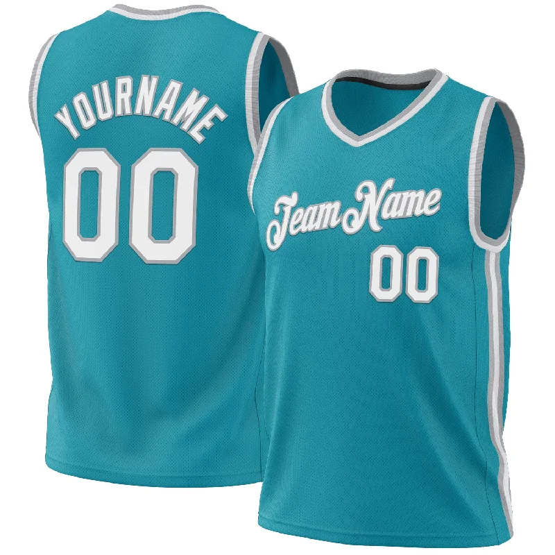 Basketball Jersey For Centers-Custom Teal White-Gray Authentic Throwback Basketball Jersey