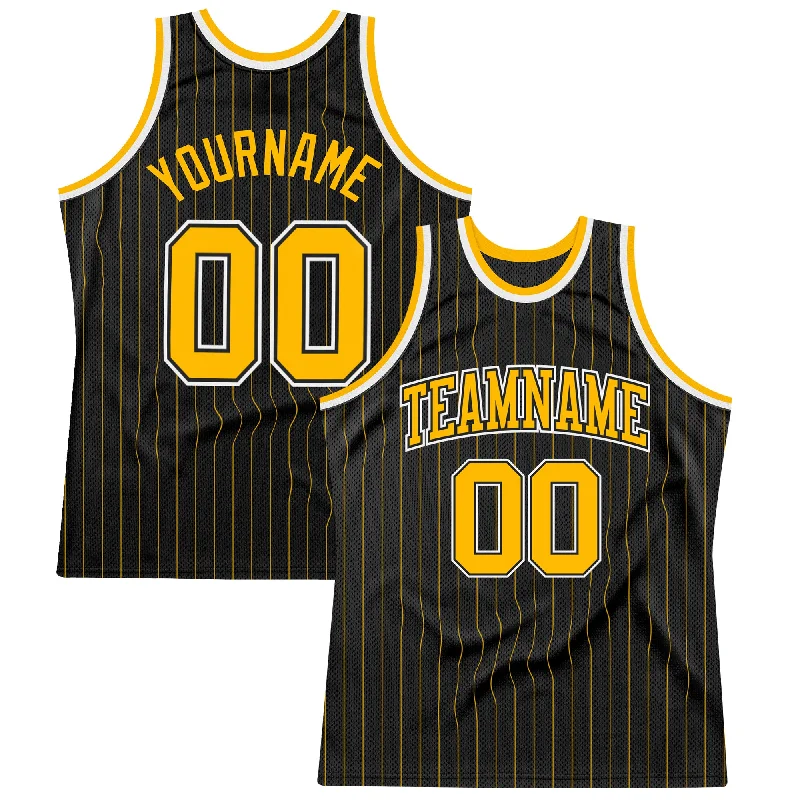 Basketball Jersey With Personalized Fit-Custom Black Gold Pinstripe Gold-Black Authentic Basketball Jersey