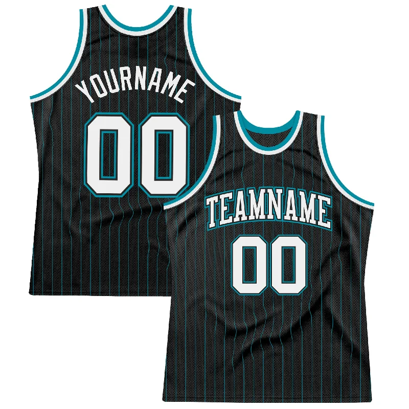 Basketball Jersey With Stretch Material-Custom Black Teal Pinstripe White Black-Teal Authentic Basketball Jersey