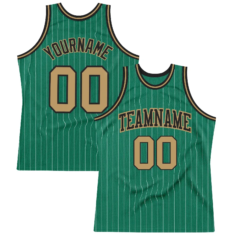 Basketball Jersey With Bold Branding-Custom Kelly Green White Pinstripe Old Gold-Black Authentic Basketball Jersey