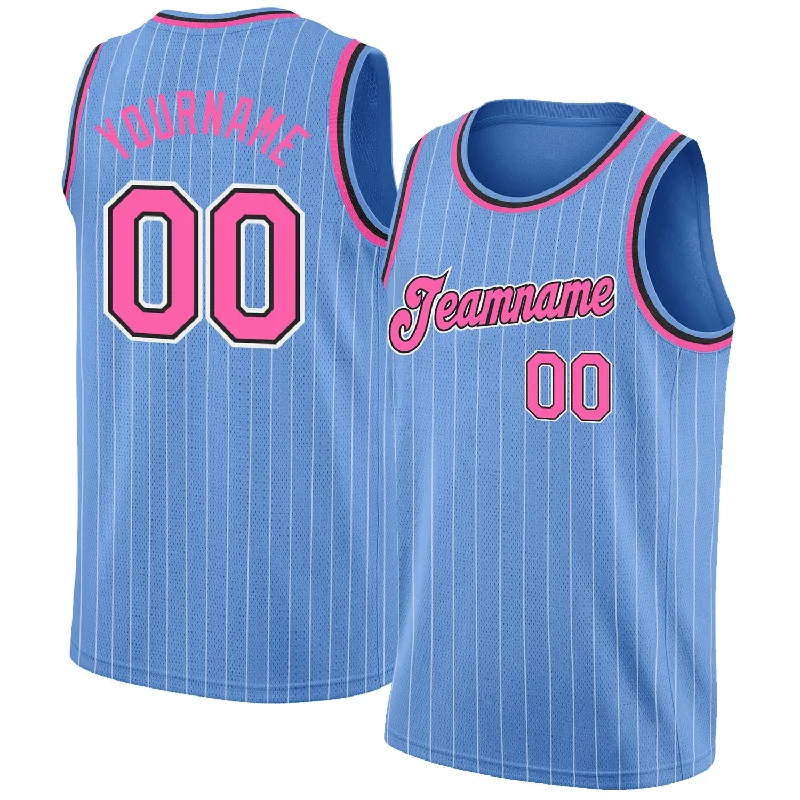 Basketball Jersey For NBA Fans-Custom Light Blue White Pinstripe Pink-Black Authentic Basketball Jersey