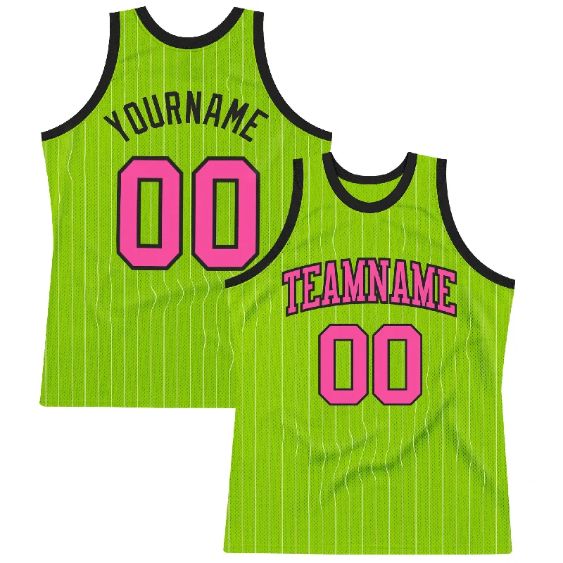 Basketball Jersey For Everyday Wear-Custom Neon Green White Pinstripe Pink-Black Authentic Basketball Jersey