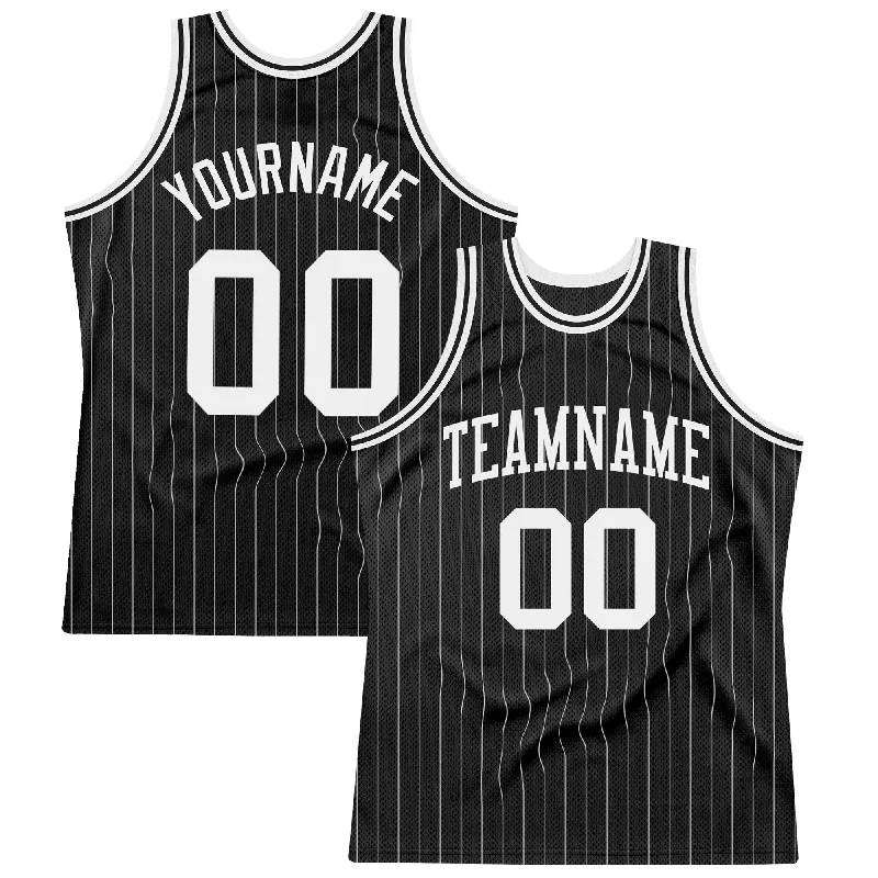 Basketball Jersey For High Intensity-Custom Black White Pinstripe White Authentic Basketball Jersey