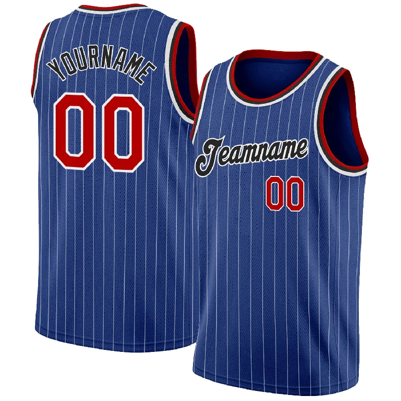 Basketball Jersey In White-Custom Royal White Pinstripe Red-Black Authentic Basketball Jersey