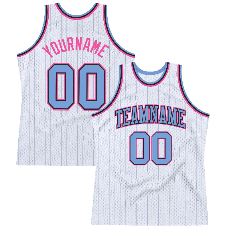 Basketball Jersey For Centers-Custom White Light Blue Pinstripe Light Blue Black-Pink Authentic Basketball Jersey