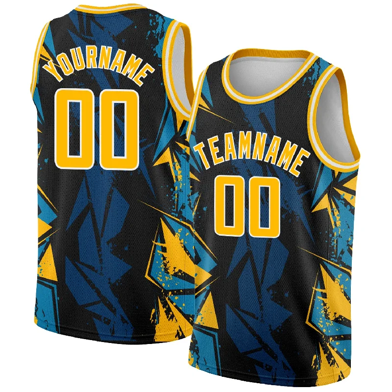 Basketball Jersey With Number Prints-Custom Black Gold-Blue 3D Pattern Design Geometric Shapes Authentic Basketball Jersey