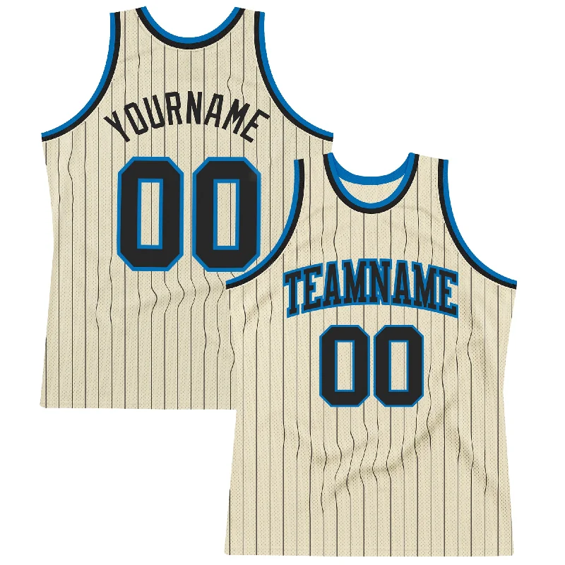 Basketball Jersey Under 50 Dollars-Custom Cream Black Pinstripe Black-Blue Authentic Basketball Jersey