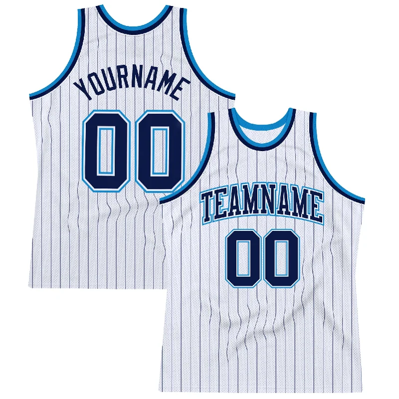 Basketball Jersey With Fan Editions-Custom White Navy Pinstripe Navy-Blue Authentic Basketball Jersey