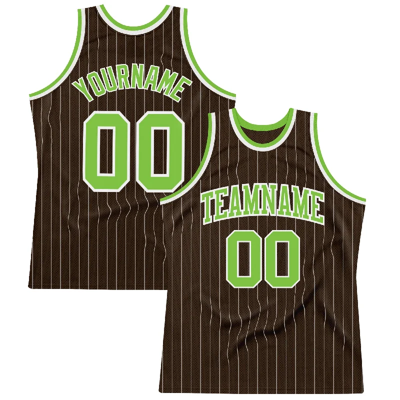 Basketball Jersey With Premium Replicas-Custom Brown White Pinstripe Neon Green Authentic Basketball Jersey