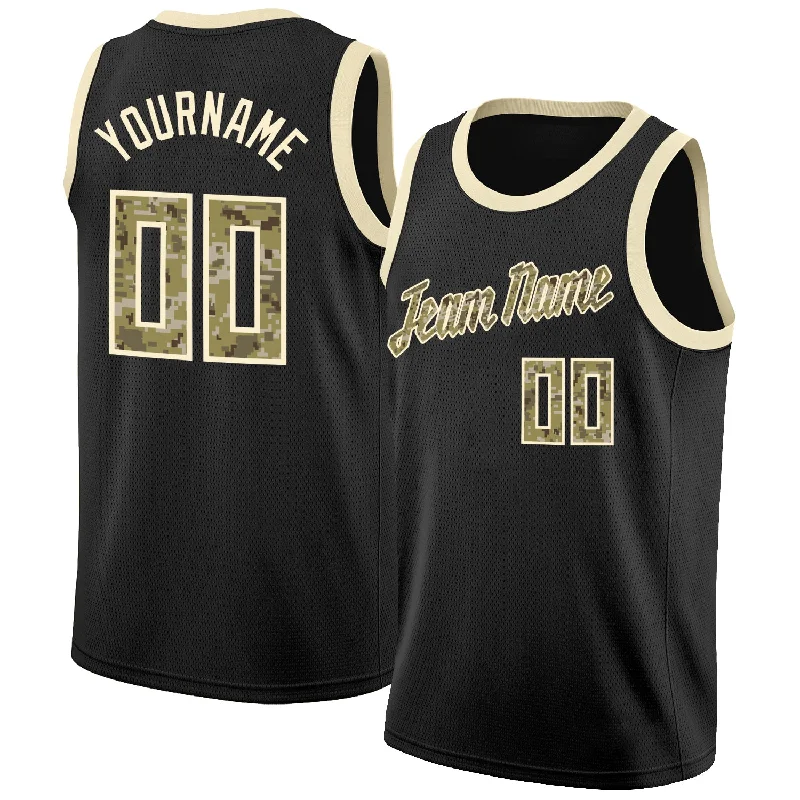 Basketball Jersey Under 50 Dollars-Custom Black Camo-Cream Round Neck Rib-Knit Basketball Jersey