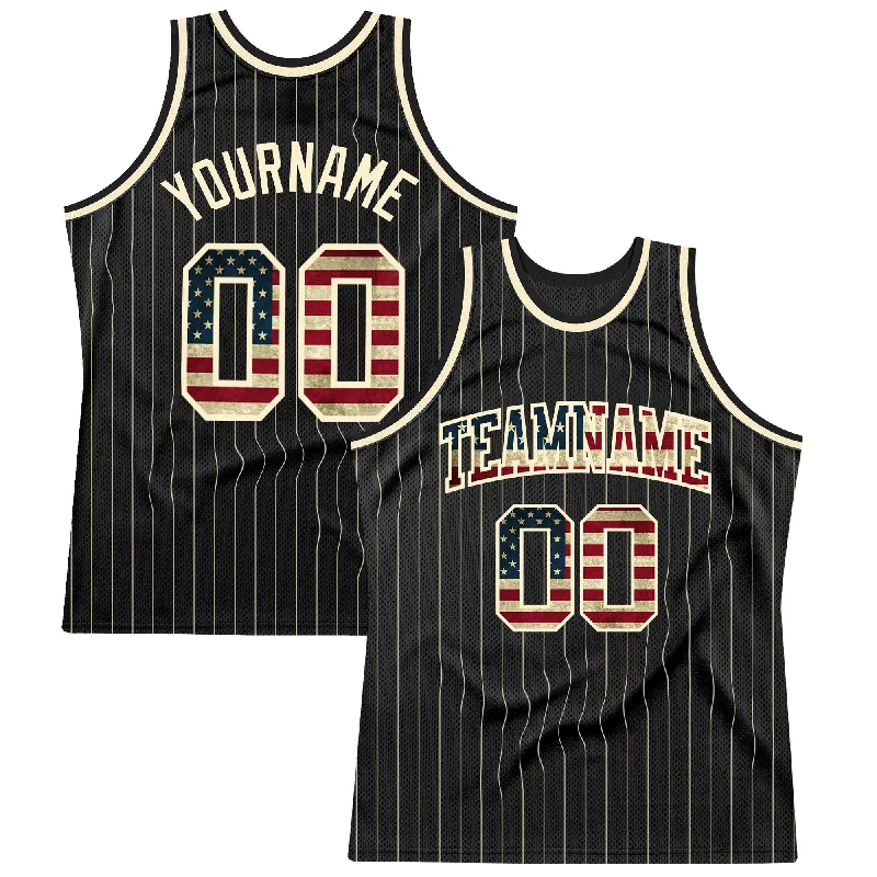 Basketball Jersey For Playoff Fans-Custom Black Cream Pinstripe Vintage USA Flag-Cream Authentic Basketball Jersey