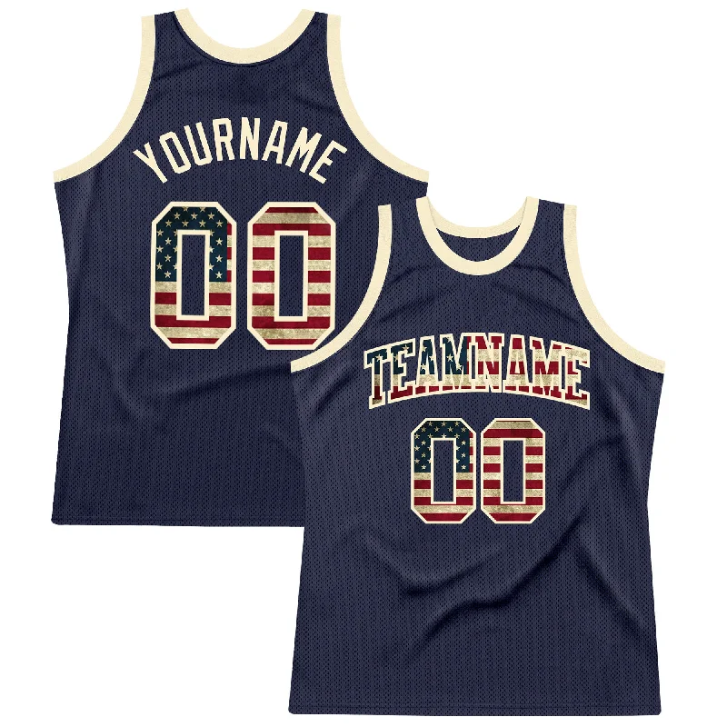 Basketball Jersey For Fan Gear-Custom Navy Vintage USA Flag-Cream Authentic Throwback Basketball Jersey