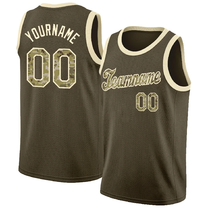 Basketball Jersey For Rainy Days-Custom Olive Camo-Cream Round Neck Rib-Knit Salute To Service Basketball Jersey