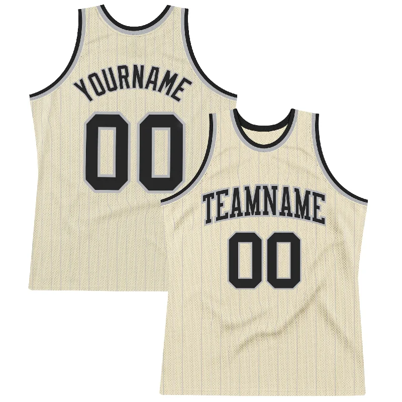 Basketball Jersey For Pre-Order Deals-Custom Cream Gray Pinstripe Black Authentic Basketball Jersey