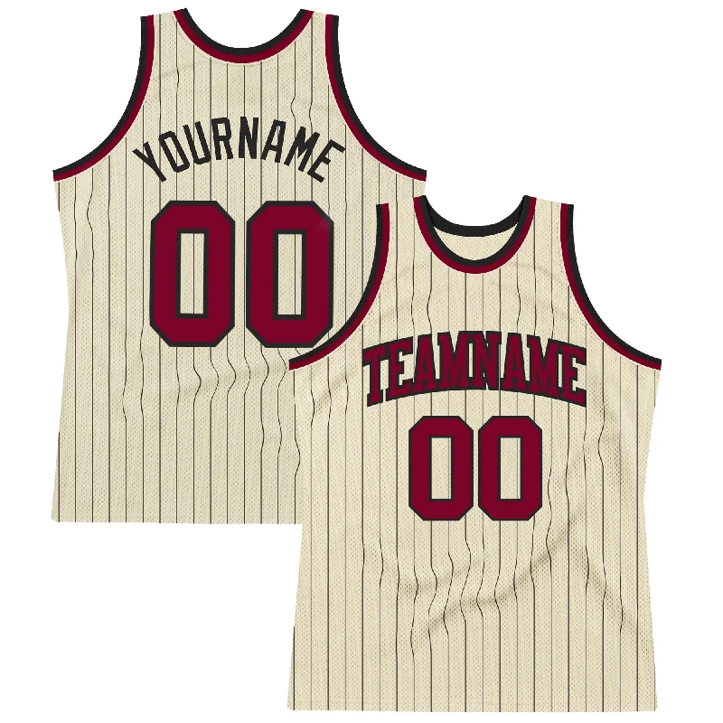 Basketball Jersey With Moisture-Wicking-Custom Cream Black Pinstripe Maroon Authentic Basketball Jersey