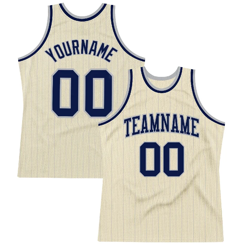 Basketball Jersey With Extra Padding-Custom Cream Gray Pinstripe Navy Authentic Basketball Jersey