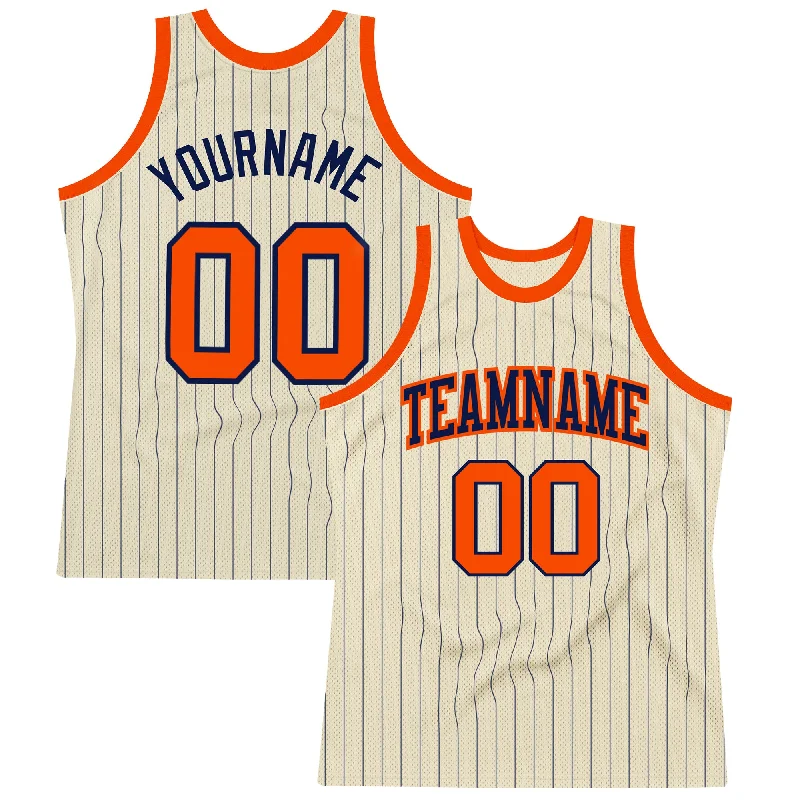 Basketball Jersey For Budget Replicas-Custom Cream Navy Pinstripe Orange Authentic Basketball Jersey