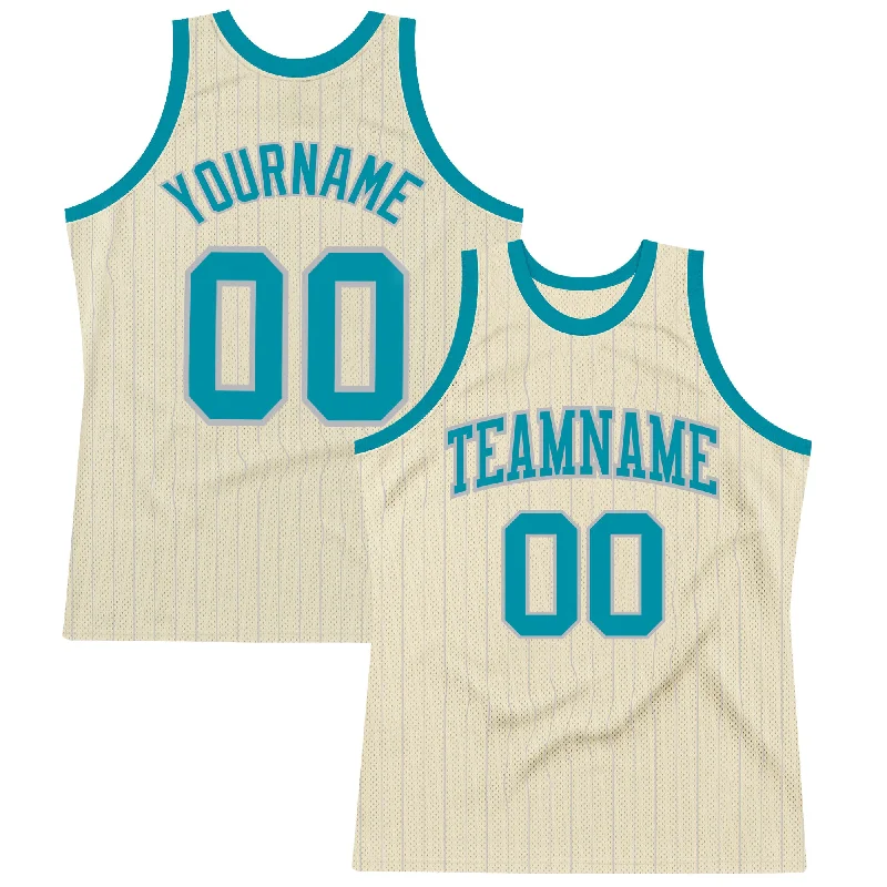 Basketball Jersey With Fan Favorites-Custom Cream Gray Pinstripe Teal Authentic Basketball Jersey