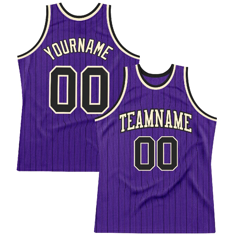 Basketball Jersey With Long Sleeves-Custom Purple Black Pinstripe Black-Cream Authentic Basketball Jersey