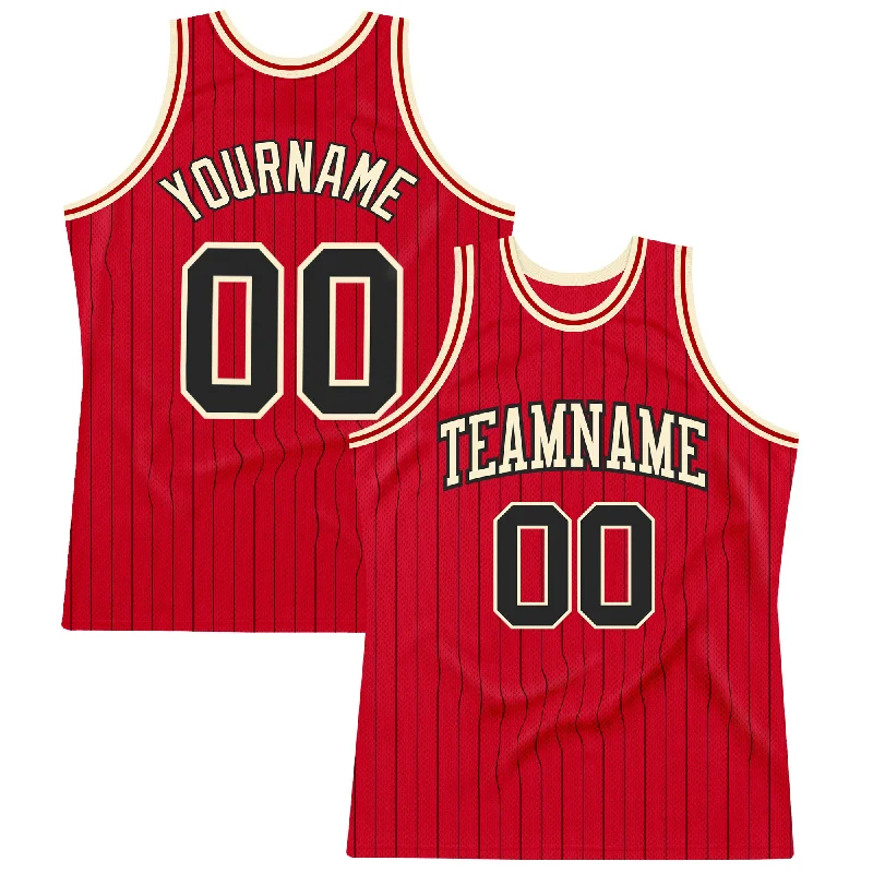 Basketball Jersey With Loose Style-Custom Red Black Pinstripe Black-Cream Authentic Basketball Jersey