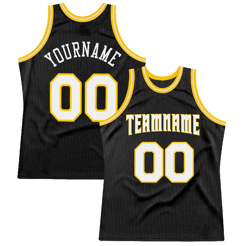 Basketball Jersey With Mesh Panels-Custom Black White-Gold Authentic Throwback Basketball Jersey