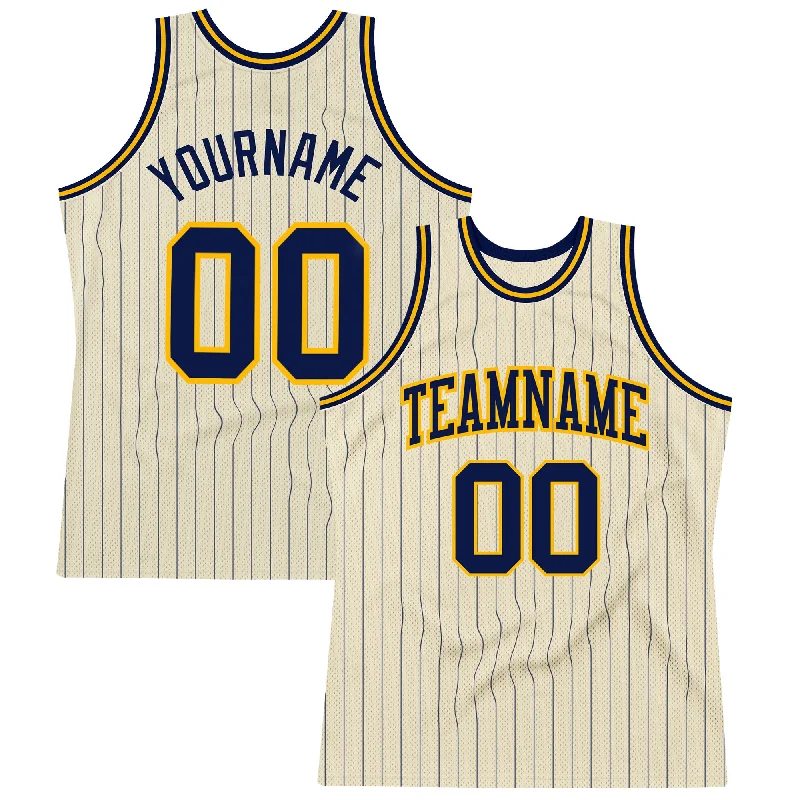 Basketball Jersey With Toddler Fit-Custom Cream Navy Pinstripe Navy-Gold Authentic Basketball Jersey