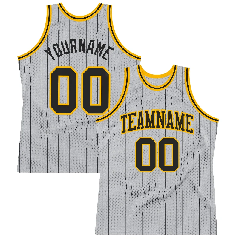 Basketball Jersey For Performance Wear-Custom Gray Black Pinstripe Black-Gold Authentic Basketball Jersey