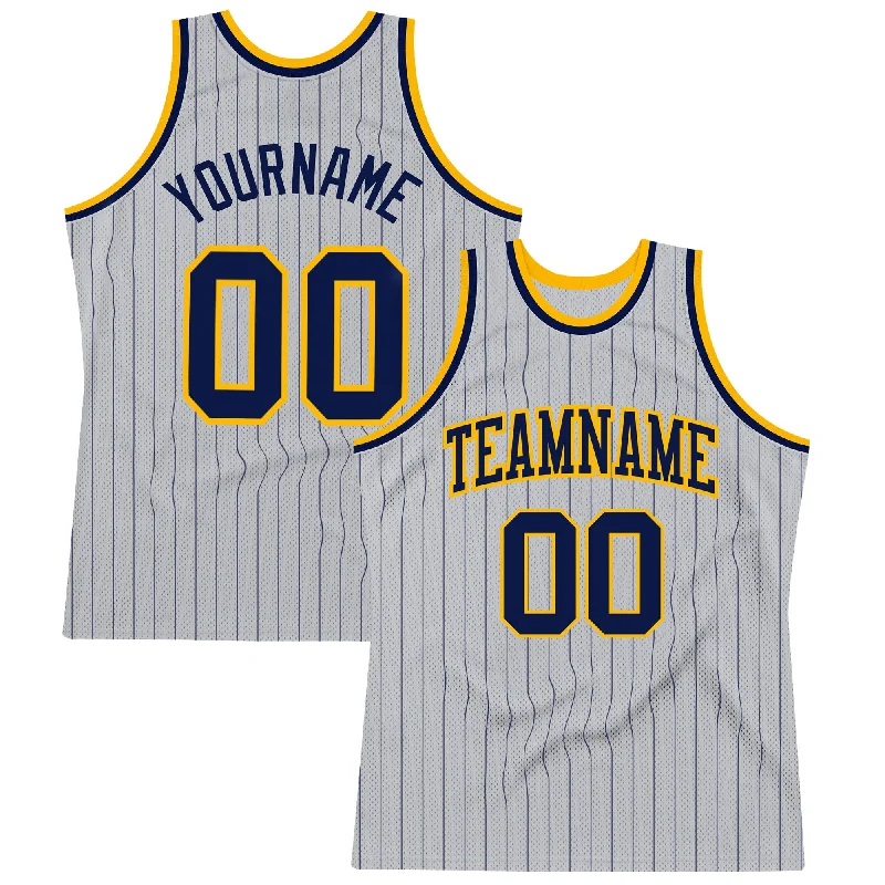 Basketball Jersey For Top Reviews-Custom Gray Navy Pinstripe Navy-Gold Authentic Basketball Jersey