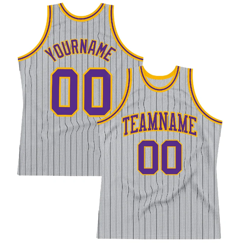 Basketball Jersey For Plus Sizes-Custom Gray Black Pinstripe Purple-Gold Authentic Basketball Jersey