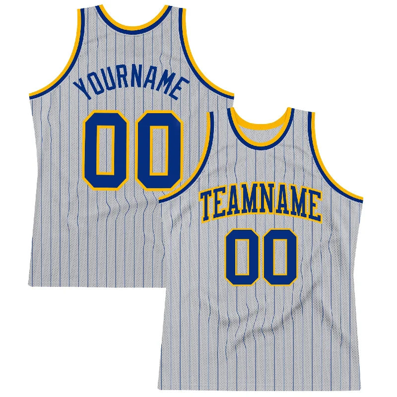 Basketball Jersey For Playoff Fans-Custom Gray Royal Pinstripe Royal-Gold Authentic Basketball Jersey