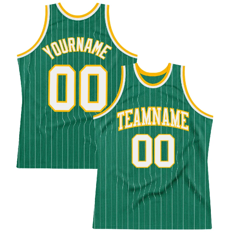 Basketball Jersey With Summer Vibes-Custom Kelly Green White Pinstripe White-Gold Authentic Basketball Jersey