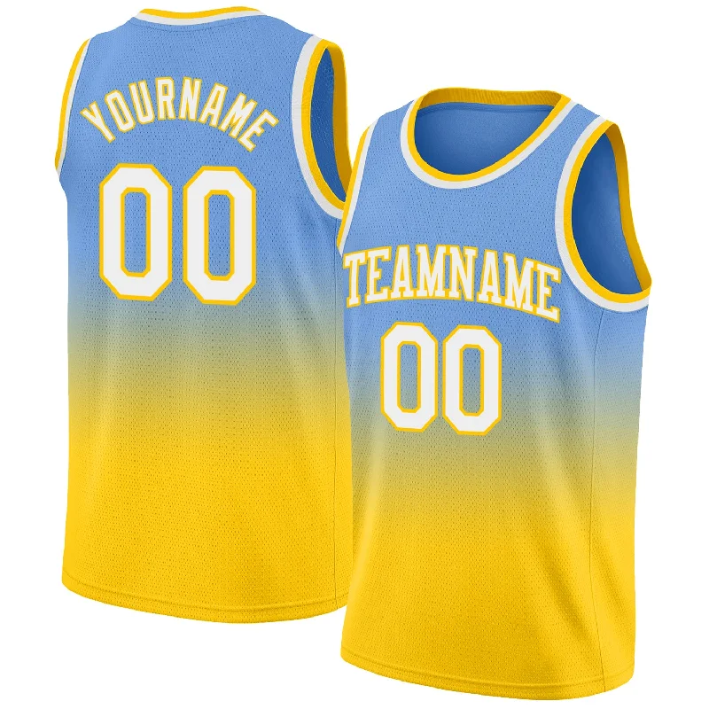 Basketball Jersey For Impact Resistance-Custom Light Blue White-Gold Authentic Fade Fashion Basketball Jersey