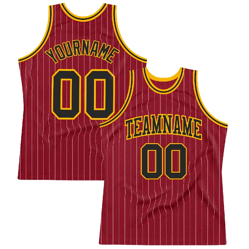 Basketball Jersey With Bold Branding-Custom Maroon White Pinstripe Black-Gold Authentic Basketball Jersey