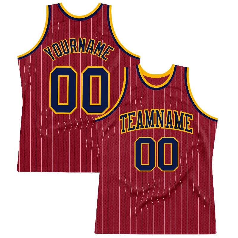 Basketball Jersey With Matching Shorts-Custom Maroon White Pinstripe Navy-Gold Authentic Basketball Jersey