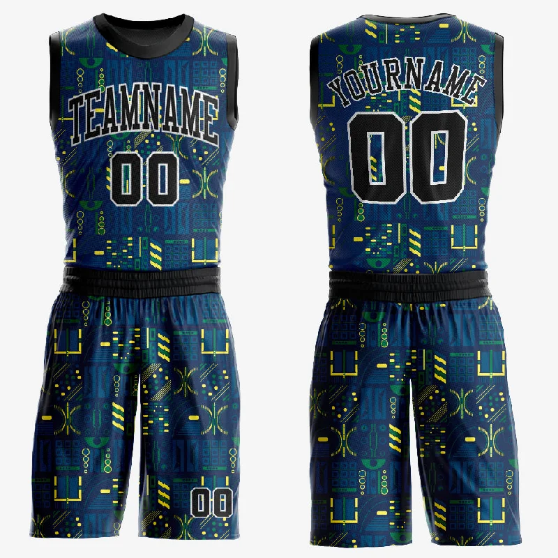 Basketball Jersey With Team Pride-Custom Navy Black-Gold Round Neck Sublimation Basketball Suit Jersey