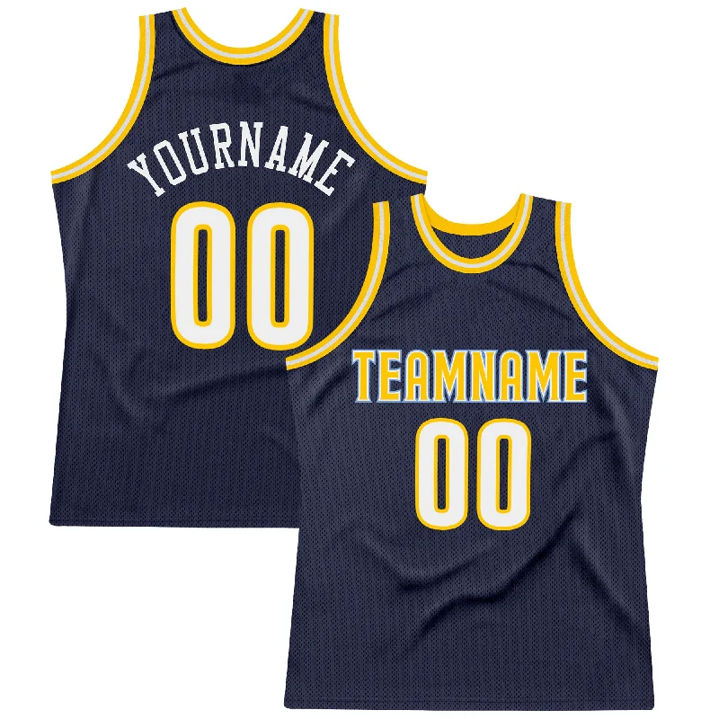 Basketball Jersey For Authentic Feel-Custom Navy White-Gold Authentic Throwback Basketball Jersey