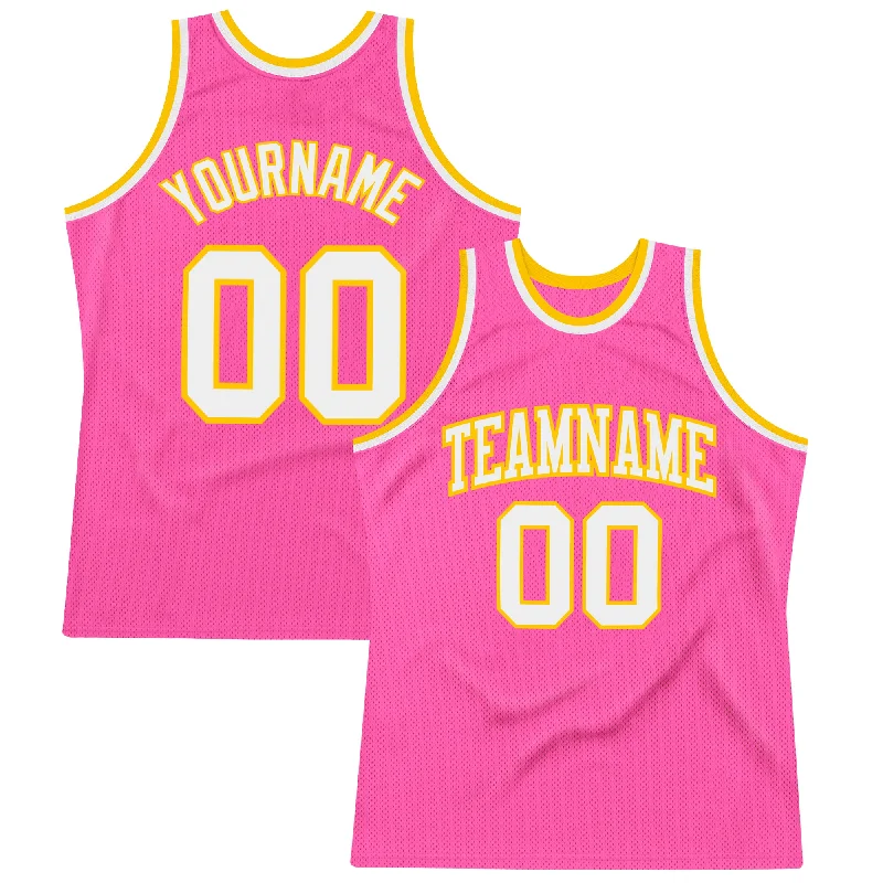 Basketball Jersey With Nike Branding-Custom Pink White-Gold Authentic Throwback Basketball Jersey