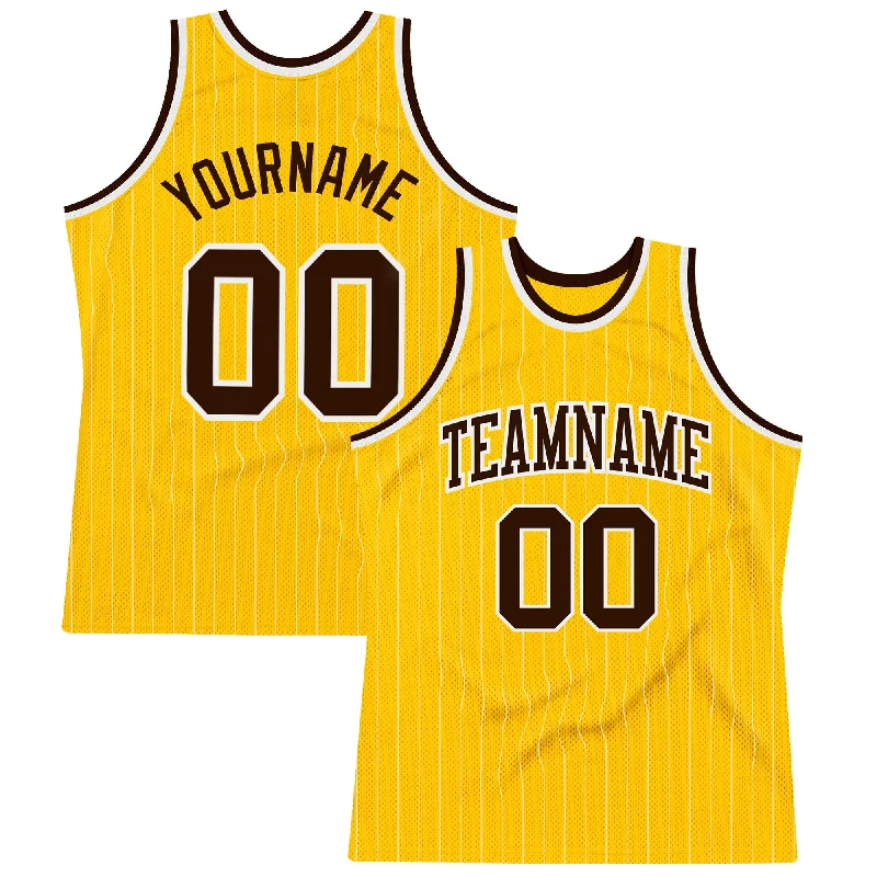 Basketball Jersey For Budget Replicas-Custom Gold White Pinstripe Brown Authentic Basketball Jersey