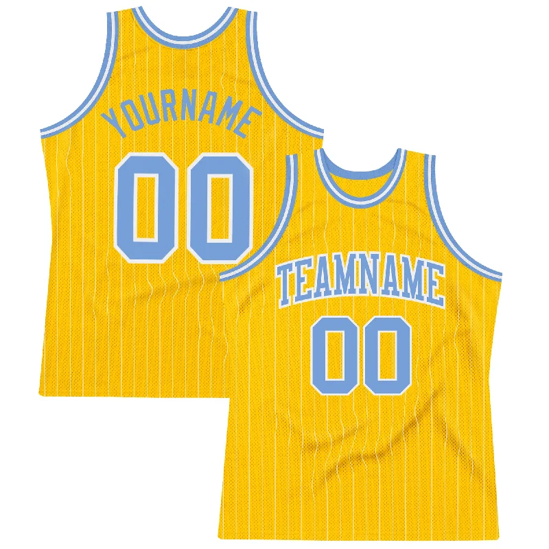 Basketball Jersey For Women-Custom Gold White Pinstripe Light Blue Authentic Basketball Jersey