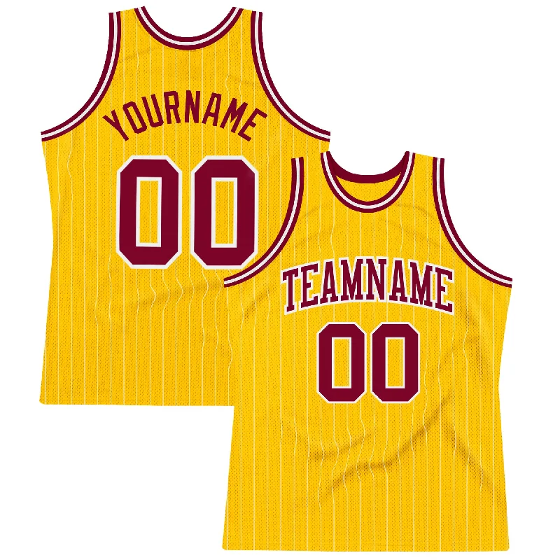 Basketball Jersey For Outdoor Courts-Custom Gold White Pinstripe Maroon Authentic Basketball Jersey